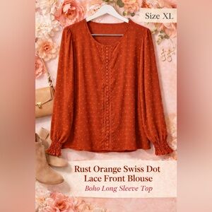Rust Orange Swiss Dot Lace Front Blouse Size XL Boho Long Sleeve Top